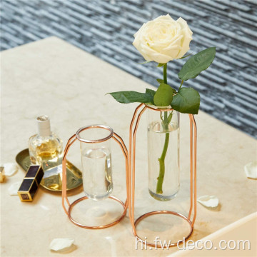 गुलाब सोने की धातु स्टैंड स्पष्ट ग्लास ट्यूब vases